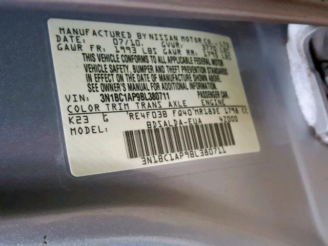 3N1BC1AP9BL380711 - 2011 NISSAN VERSA S SILVER photo 10