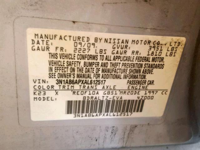 3N1AB6APXAL612517 - 2010 NISSAN SENTRA 2.0 SILVER photo 10