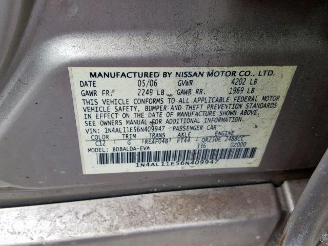 1N4AL11E56N409947 - 2006 NISSAN ALTIMA S GOLD photo 10