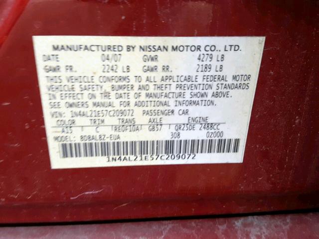 1N4AL21E57C209072 - 2007 NISSAN ALTIMA 2.5 BURGUNDY photo 10