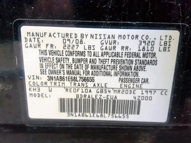 3N1AB61E68L756655 - 2008 NISSAN SENTRA 2.0 BLACK photo 10