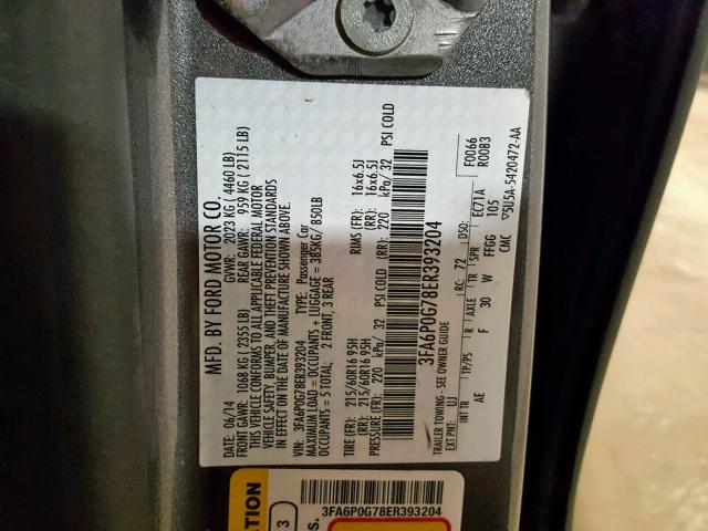 3FA6P0G78ER393204 - 2014 FORD FUSION S GRAY photo 10