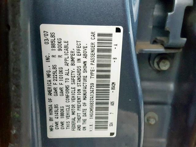 1HGCM56837A134759 - 2007 HONDA ACCORD EX BLUE photo 10