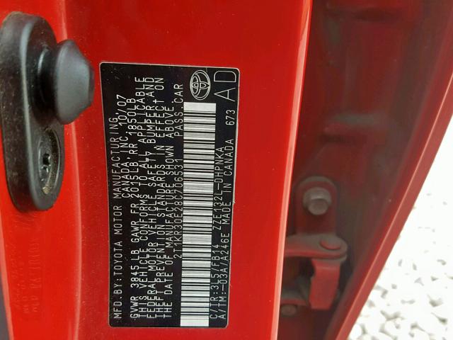 2T1KR30E28C706531 - 2008 TOYOTA COROLLA MA RED photo 10