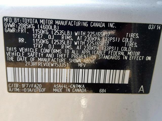 2T3RFREV0EW153351 - 2014 TOYOTA RAV4 XLE SILVER photo 10