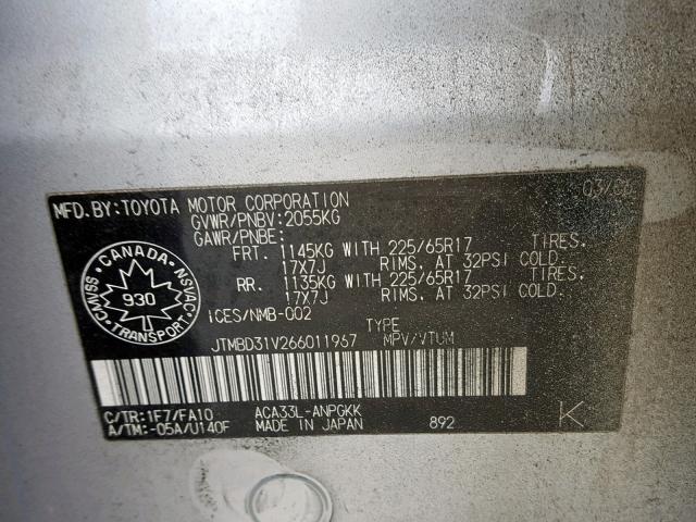 JTMBD31V266011967 - 2006 TOYOTA RAV4 LIMIT SILVER photo 10