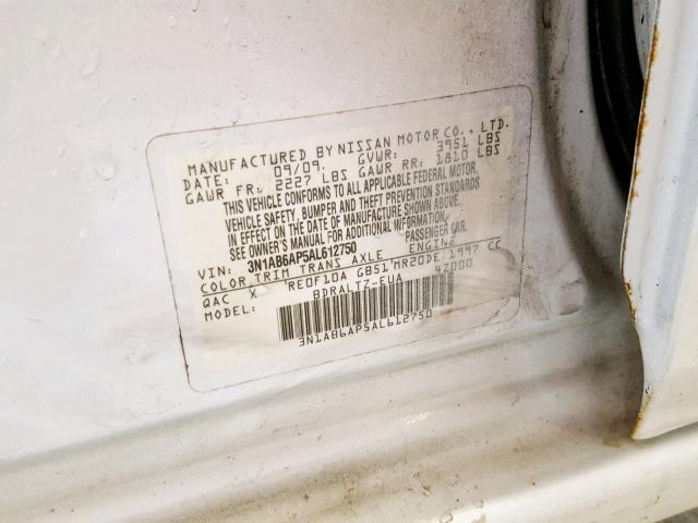 3N1AB6AP5AL612750 - 2010 NISSAN SENTRA 2.0 WHITE photo 10