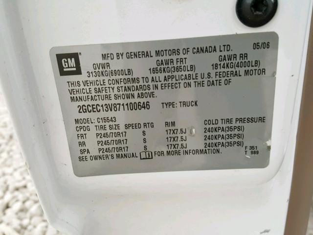 2GCEC13V871100646 - 2007 CHEVROLET SILVERADO თეთრი ფოტო 10