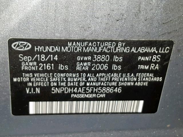 5NPDH4AE5FH588646 - 2015 HYUNDAI ELANTRA SE SILVER photo 10