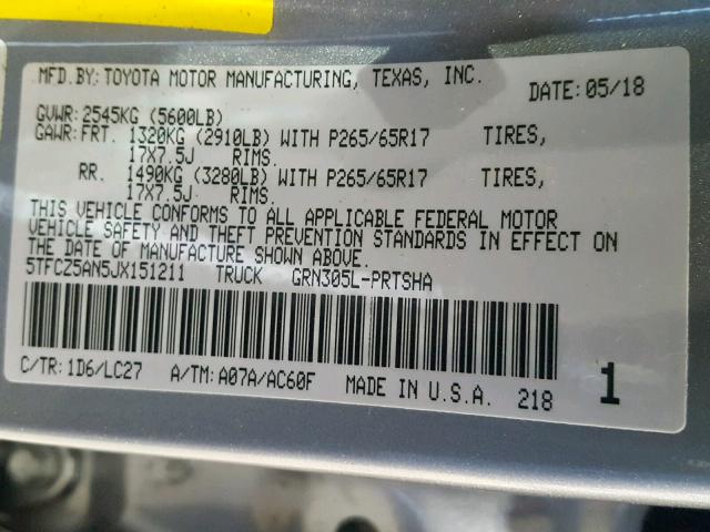 5TFCZ5AN5JX151211 - 2018 TOYOTA TACOMA DOU ვერცხლისფერი ფოტო 10