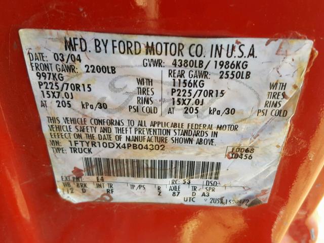 1FTYR10DX4PB04302 - 2004 FORD RANGER RED photo 10