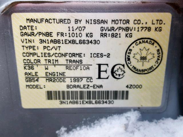 3N1AB61EX8L663430 - 2008 NISSAN SENTRA 2.0 GRAY photo 10