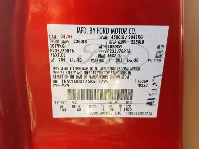 1FMYU03175KE17795 - 2005 FORD ESCAPE XLT 红色 照片 10