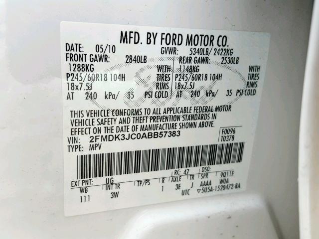 2FMDK3JC0ABB57383 - 2010 FORD EDGE SEL WHITE photo 10