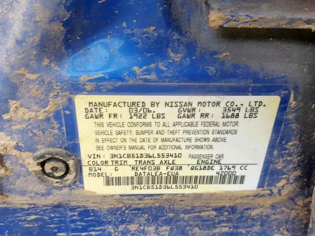 3N1CB51D36L553410 - 2006 NISSAN SENTRA 1.8 BLUE photo 10