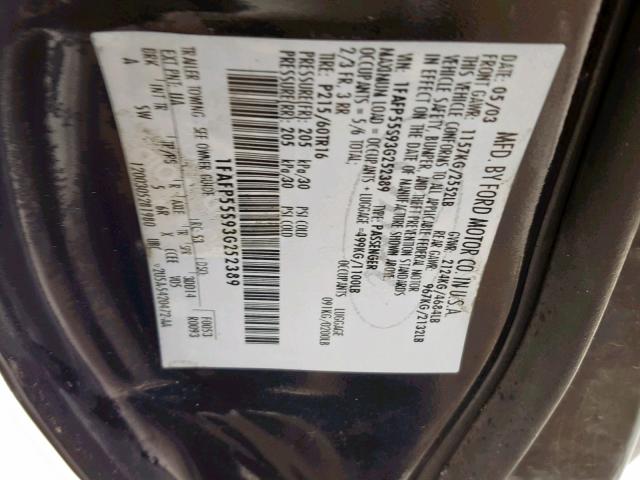 1FAFP55S93G252389 - 2003 FORD TAURUS SES BLACK photo 10