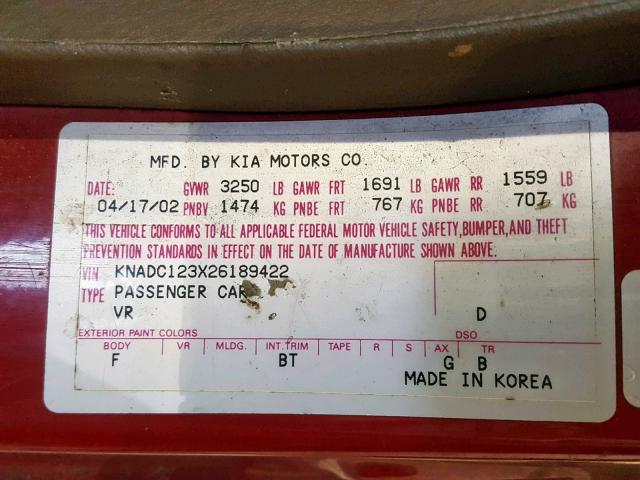 KNADC123X26189422 - 2002 KIA RIO RED photo 10