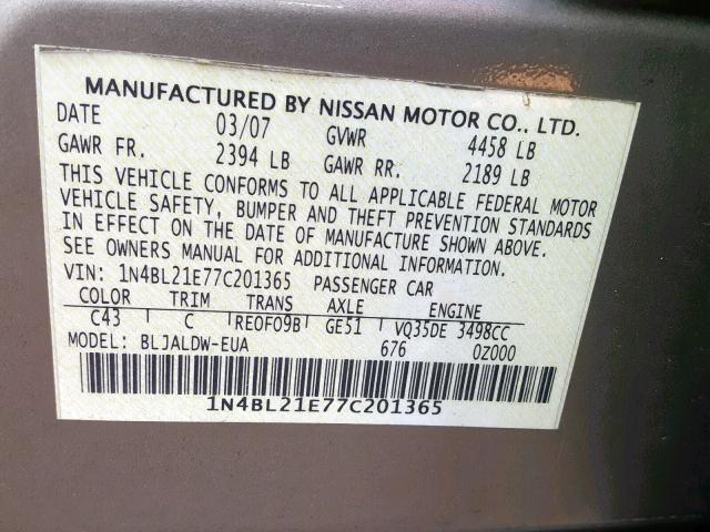 1N4BL21E77C201365 - 2007 NISSAN ALTIMA 3.5 TAN photo 10