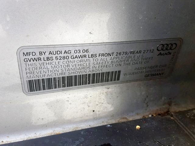 WAUEH74F36N159531 - 2006 AUDI A6 S-LINE SILVER photo 10