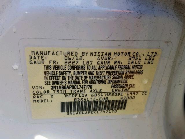 3N1AB6AP0CL747170 - 2012 NISSAN SENTRA 2.0 WHITE photo 10