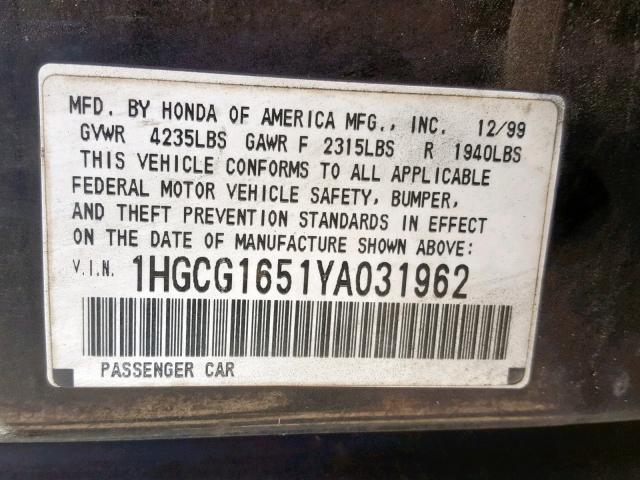 1HGCG1651YA031962 - 2000 HONDA ACCORD EX შავი ფოტო 10