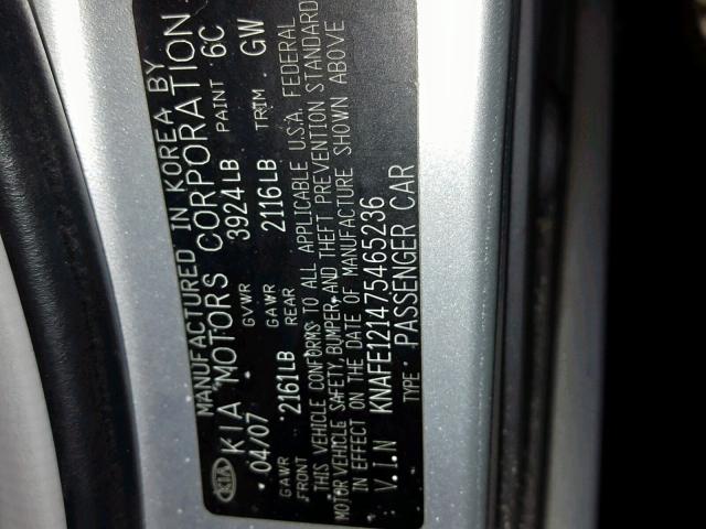 KNAFE121475465236 - 2007 KIA SPECTRA EX SILVER photo 10