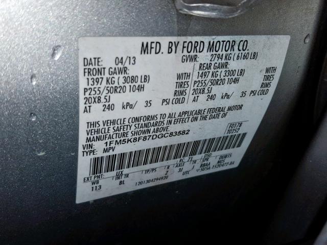 1FM5K8F87DGC83582 - 2013 FORD EXPLORER L SILVER photo 10