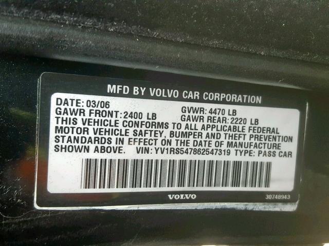 YV1RS547862547319 - 2006 VOLVO S60 T5 BLACK photo 10