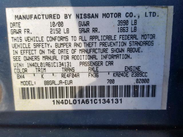 1N4DL01A61C134131 - 2001 NISSAN ALTIMA GXE BLUE photo 10