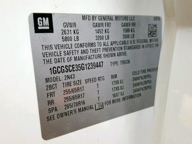 1GCGSCE35G1239447 - 2016 CHEVROLET COLORADO L WHITE photo 10