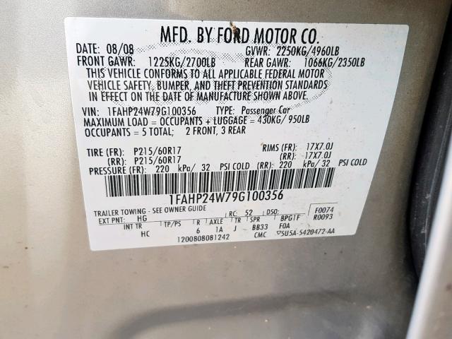 1FAHP24W79G100356 - 2009 FORD TAURUS SEL SILVER photo 10