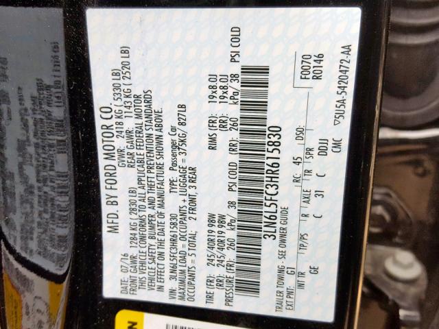 3LN6L5FC3HR615830 - 2017 LINCOLN MKZ RESERV BLACK photo 10