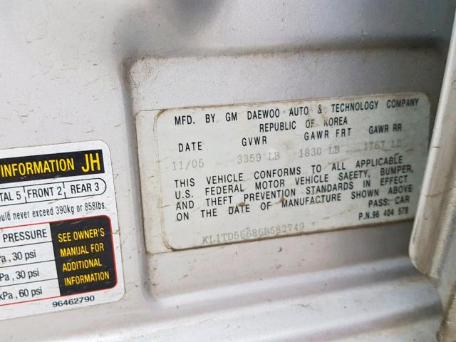 KL1TD56686B582749 - 2006 CHEVROLET AVEO BASE Күміс фото 10