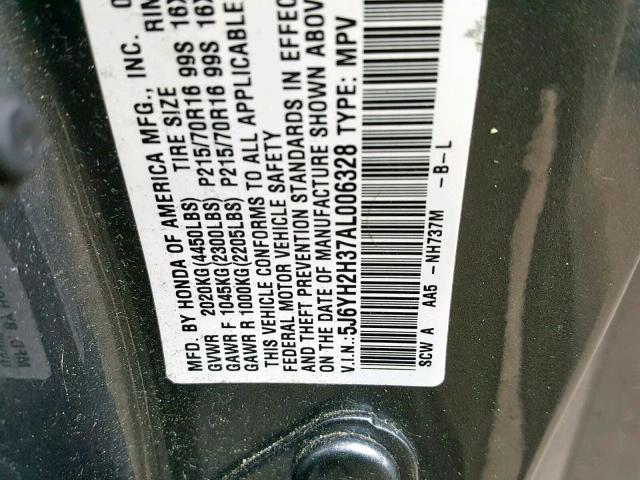 5J6YH2H37AL006328 - 2010 HONDA ELEMENT LX GRAY photo 10