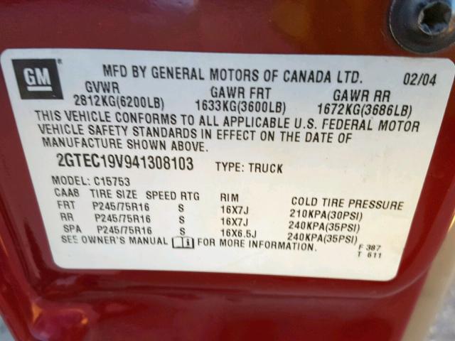 2GTEC19V941308103 - 2004 GMC NEW SIERRA BURGUNDY photo 10