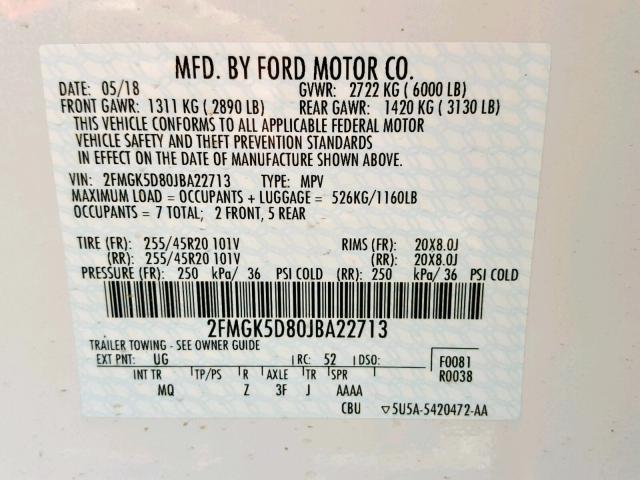 2FMGK5D80JBA22713 - 2018 FORD FLEX LIMIT WHITE photo 10