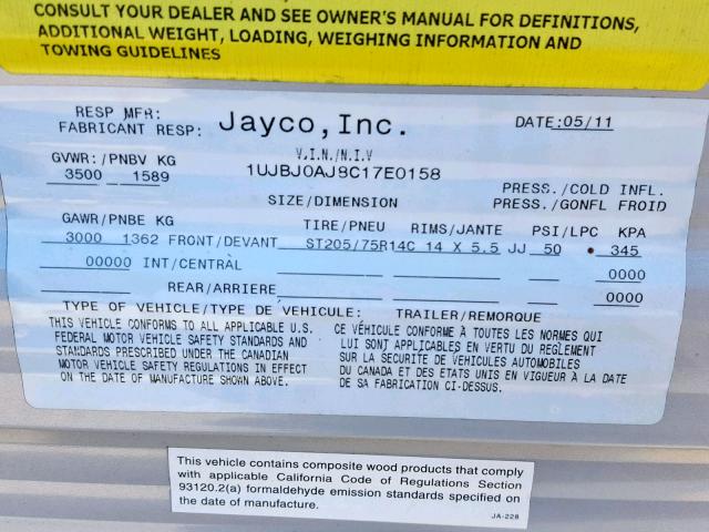 1UJBJ0AJ8C17E0158 - 2010 JAYCO JAY FLIGHT  WHITE photo 10