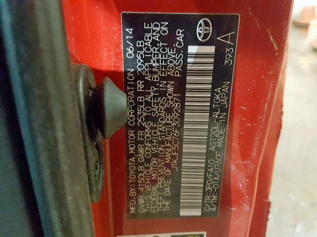 JTKJF5C76F3092871 - 2015 TOYOTA SCION TC წითელი ფოტო 10