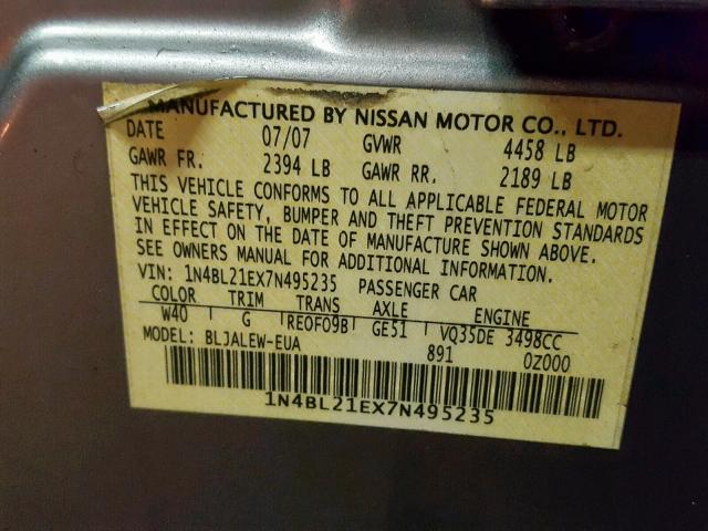 1N4BL21EX7N495235 - 2007 NISSAN ALTIMA 3.5 GRAY photo 10