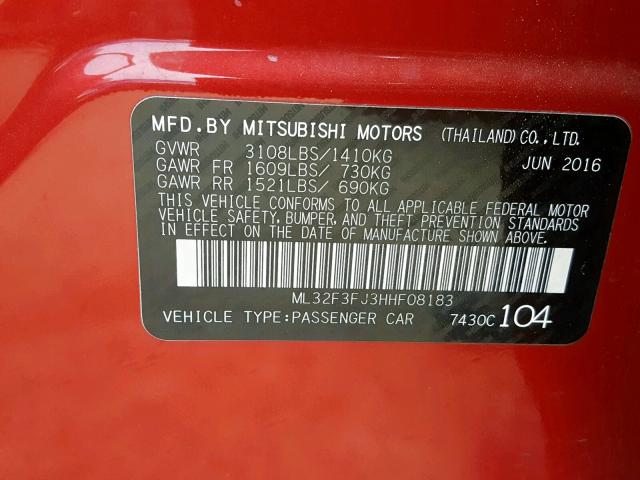 ML32F3FJ3HHF08183 - 2017 MITSUBISHI MIRAGE G4 RED photo 10