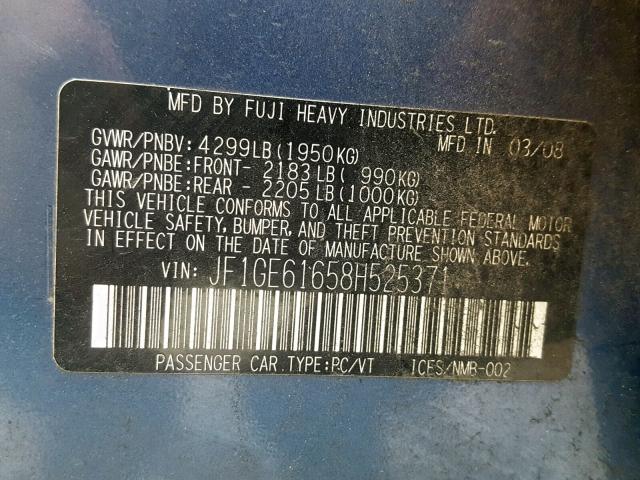 JF1GE61658H525371 - 2008 SUBARU IMPREZA SE BLUE photo 10