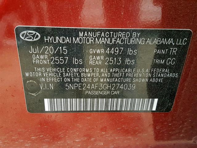 5NPE24AF3GH274039 - 2016 HYUNDAI SONATA SE 红色 照片 10