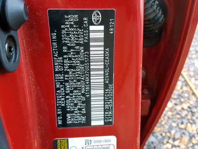 4T1BE46KX7U051773 - 2007 TOYOTA CAMRY NEW Қызыл фото 10