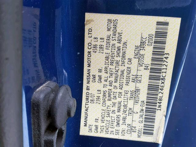 1N4BL24EX8C112743 - 2008 NISSAN ALTIMA 3.5 BLUE photo 10