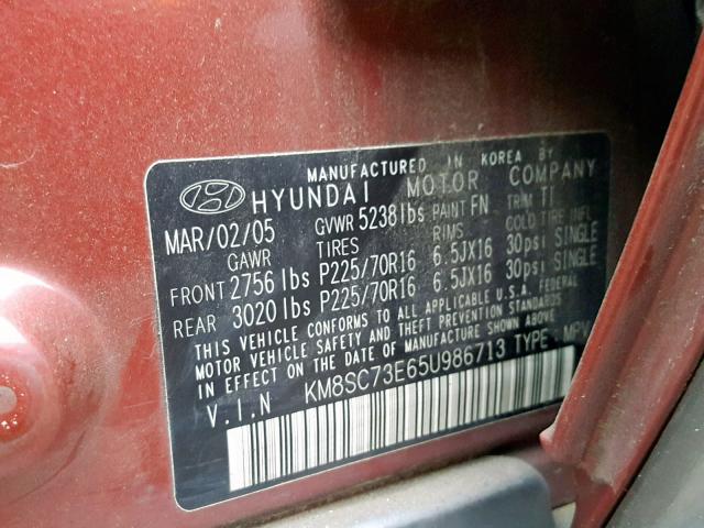 KM8SC73E65U986713 - 2005 HYUNDAI SANTA FE G BURGUNDY photo 10