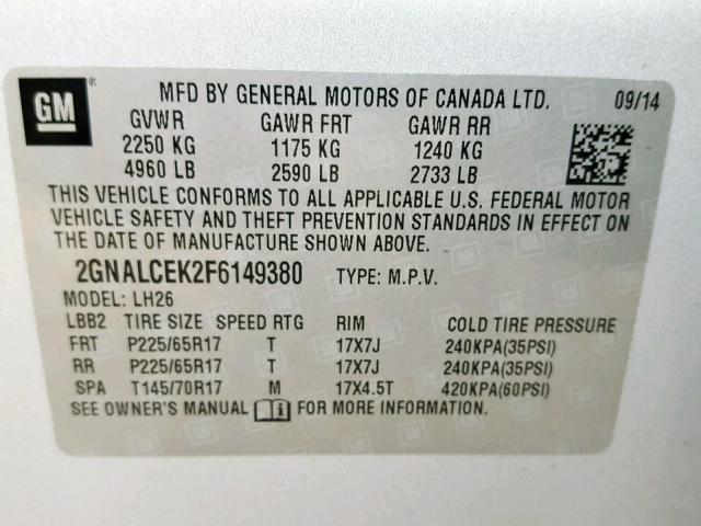 2GNALCEK2F6149380 - 2015 CHEVROLET EQUINOX LT SILVER photo 10