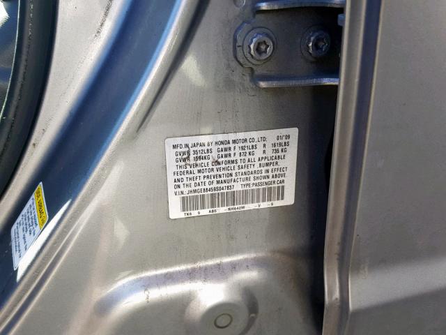 JHMGE88459S047837 - 2009 HONDA FIT SPORT GRAY photo 10