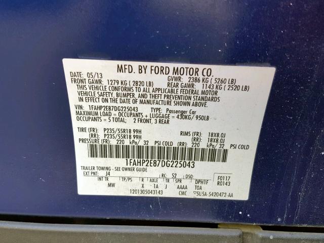 1FAHP2E87DG225043 - 2013 FORD TAURUS SEL BLUE photo 10