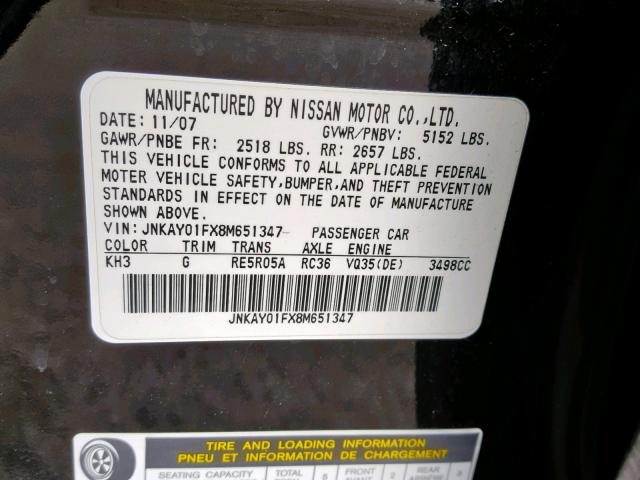 JNKAY01FX8M651347 - 2008 INFINITI M35 BASE BLACK photo 10