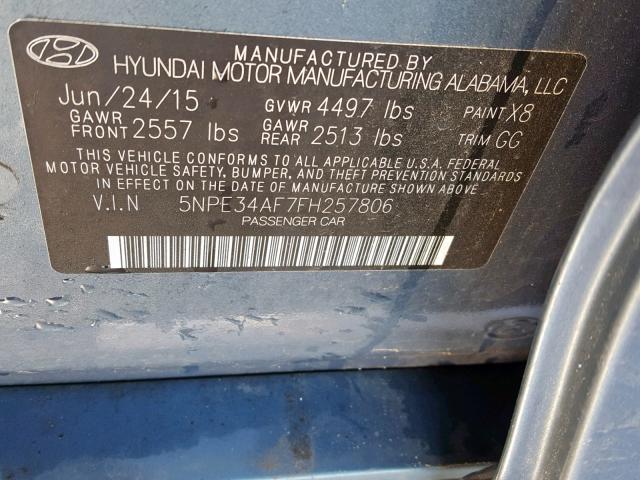 5NPE34AF7FH257806 - 2015 HYUNDAI SONATA SPO BLUE photo 10